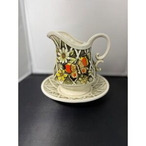 1970 Vintage Wales Ceramic Butterfly Flower Pitcher Vase and‎ Saucer Plate set